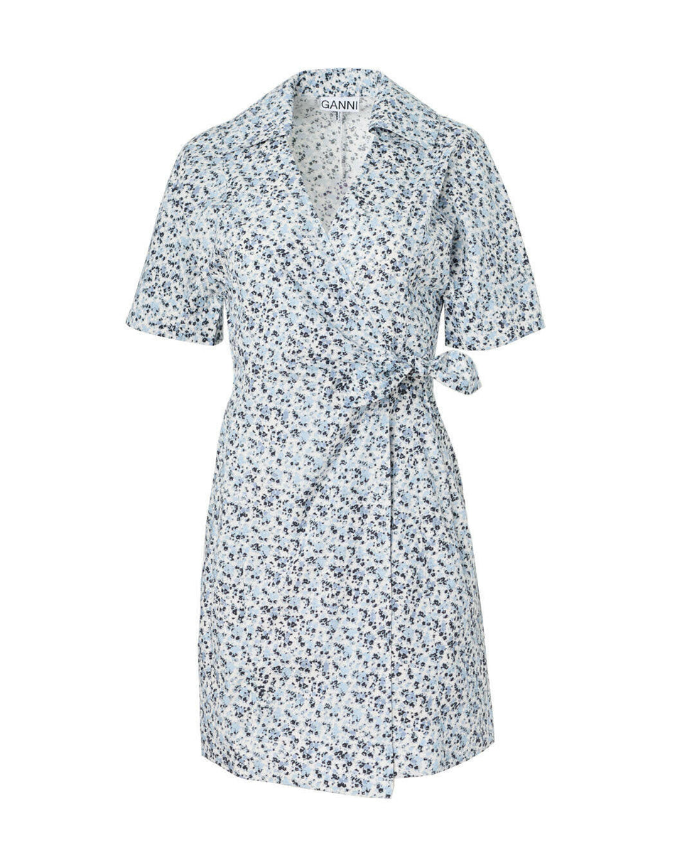 Blue Floral Printed Cotton Wrap Mini Dress | Showroom