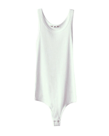 amo long rib tank body suit in white and is 100% cotton