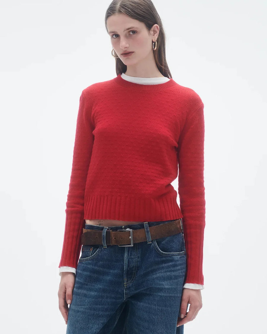 GUEST IN RESIDENCE shrunken pointelle crew in cashmere red on figure front