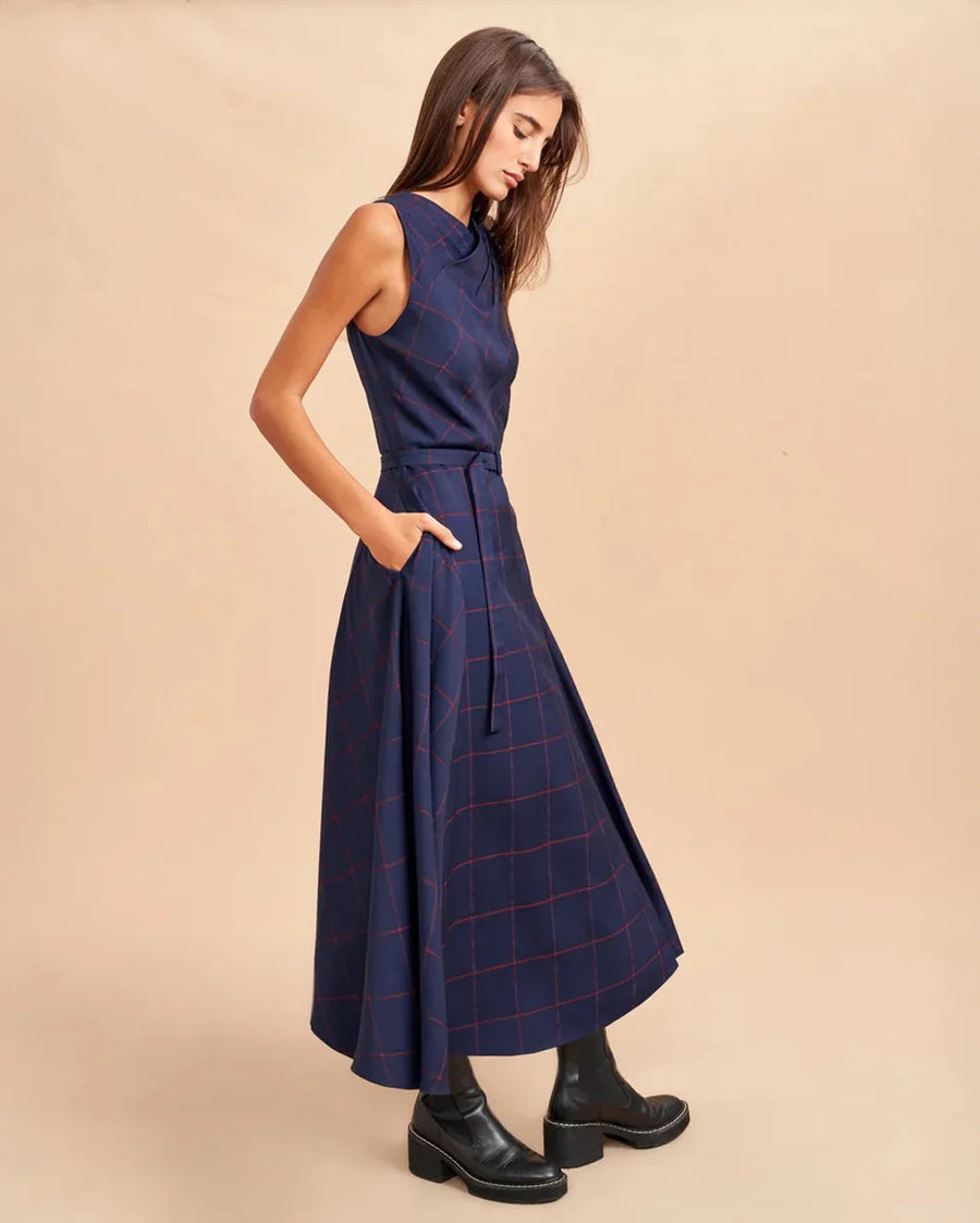 La Ligne Ana Dress Navy Burgundy on figure side