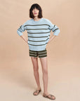 LA LIGNE Marina Sweater Light Blue and Olive on figure front