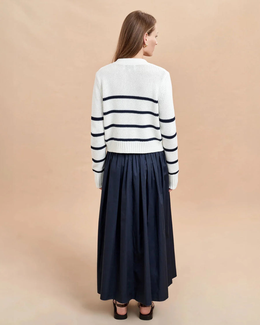 LA LIGNE mini marina cardigan navy and cream on figure back