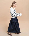 LA LIGNE mini marina cardigan navy and cream on figure side