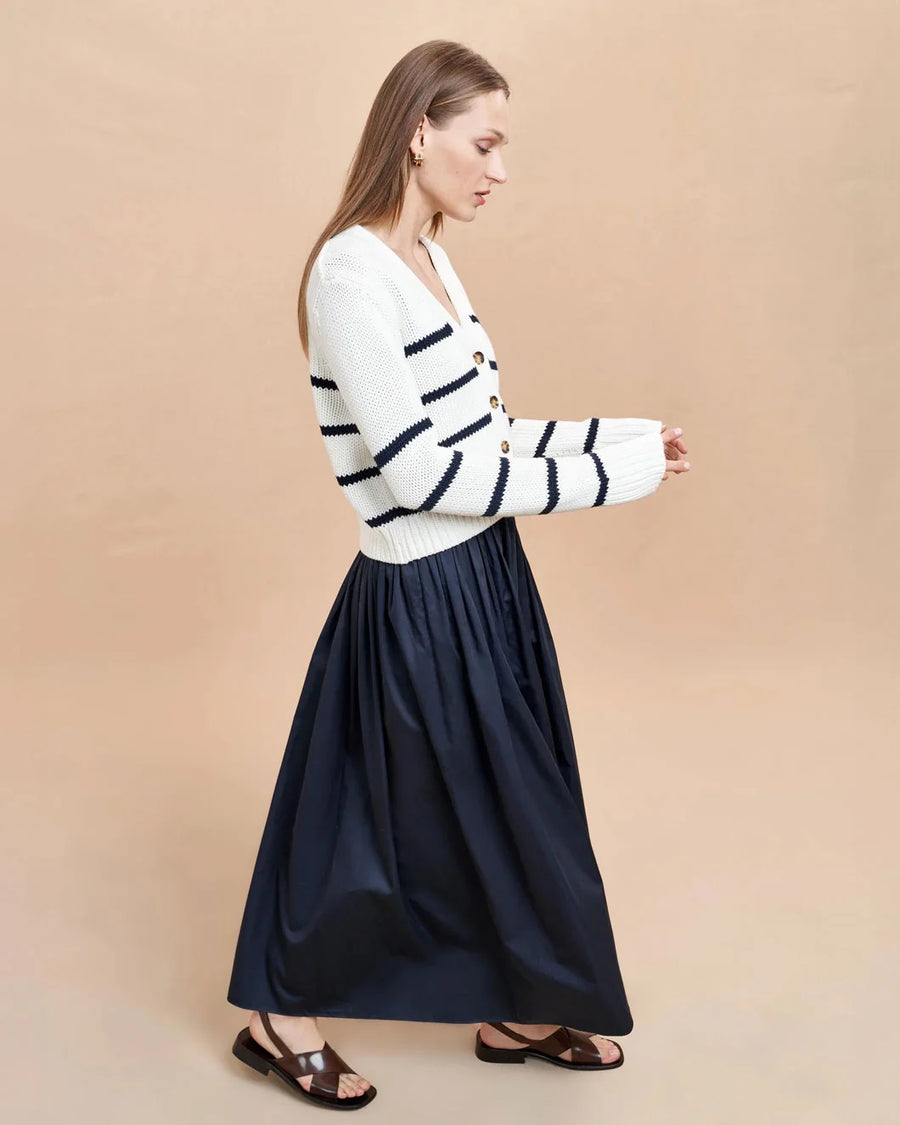 LA LIGNE mini marina cardigan navy and cream on figure side