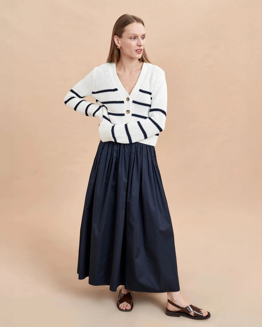 LA LIGNE mini marina cardigan navy and cream on figure front