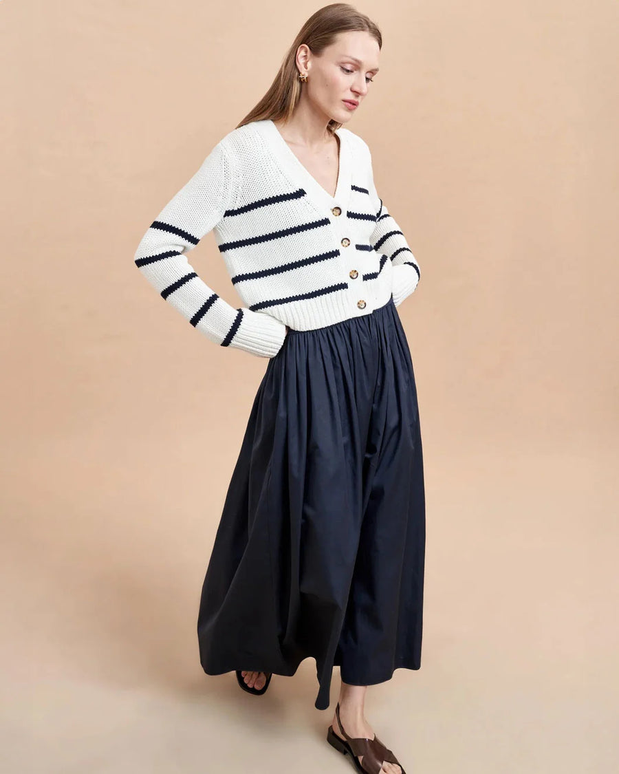 LA LIGNE mini marina cardigan navy and cream on figure side