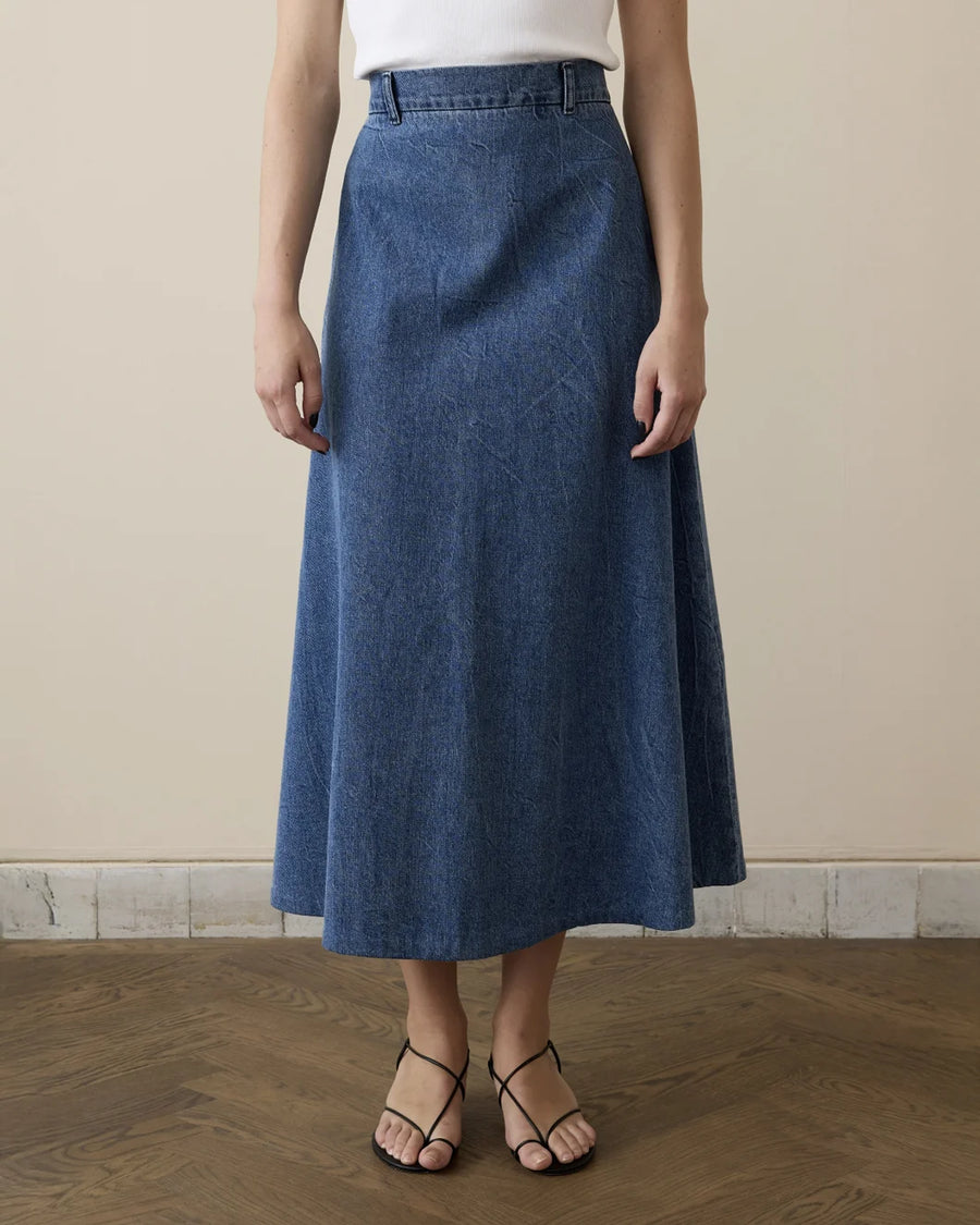 rohe a line denim midi skirt front detail