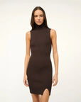 staud callum dress earth brown on figure front