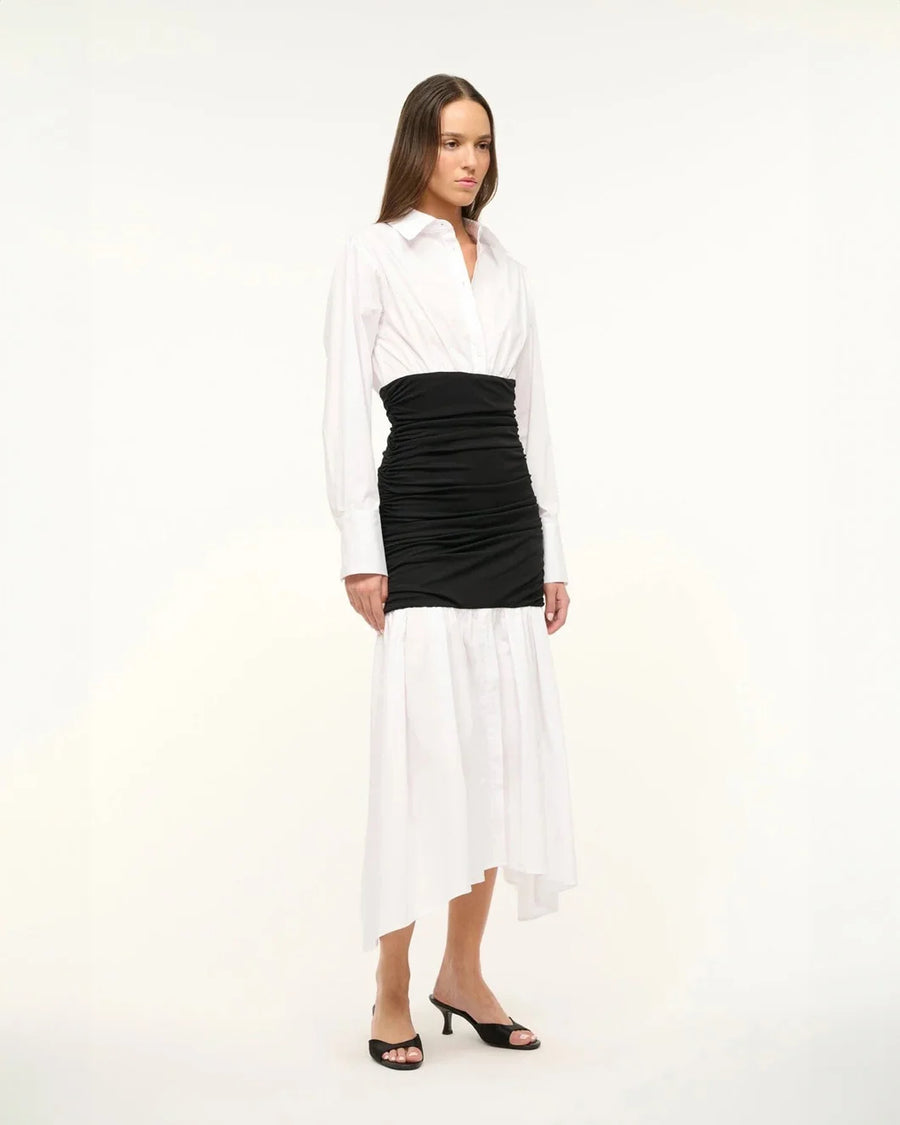 staud ellis dress in black and white on figure side