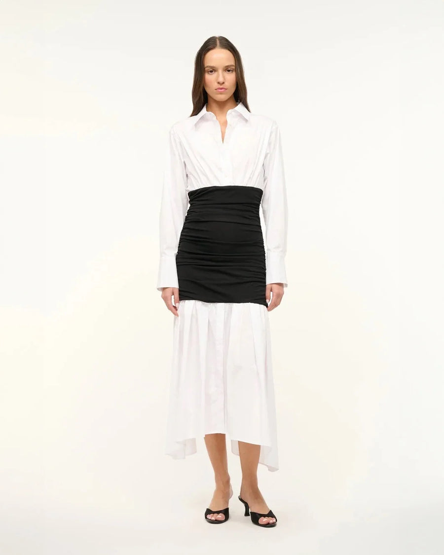 staud ellis dress in black and white on figure front