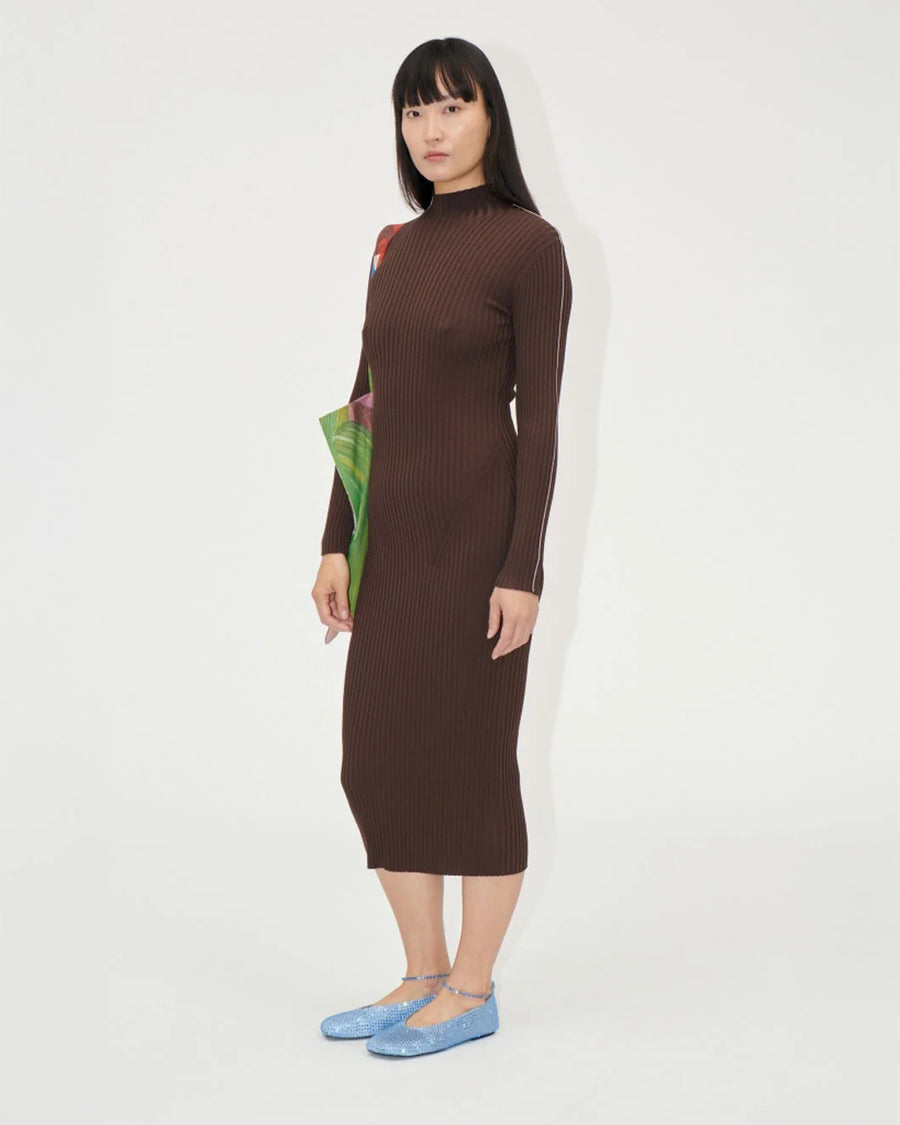 STINE GOYA Long Sleeve Turtleneck Knit Dress Coffee Brown on figure front