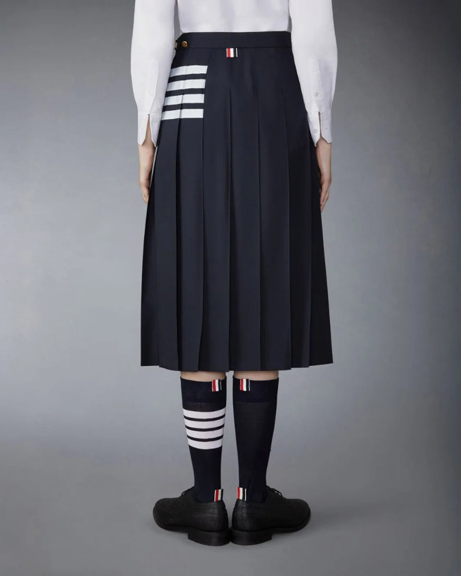 THOM BROWNE Below Knee Dropped Back Pleated Skirt Navy on figure back