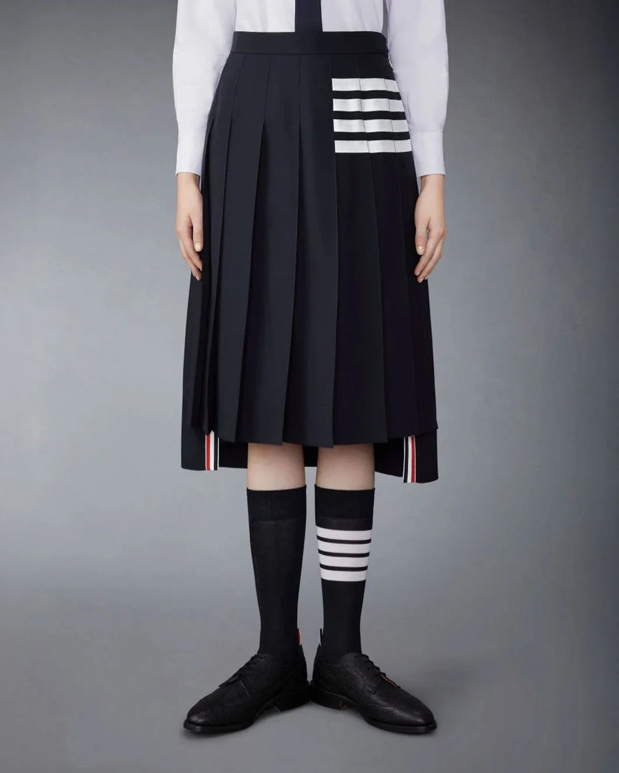 THOM BROWNE Below Knee Dropped Back Pleated Skirt Navy on figure front