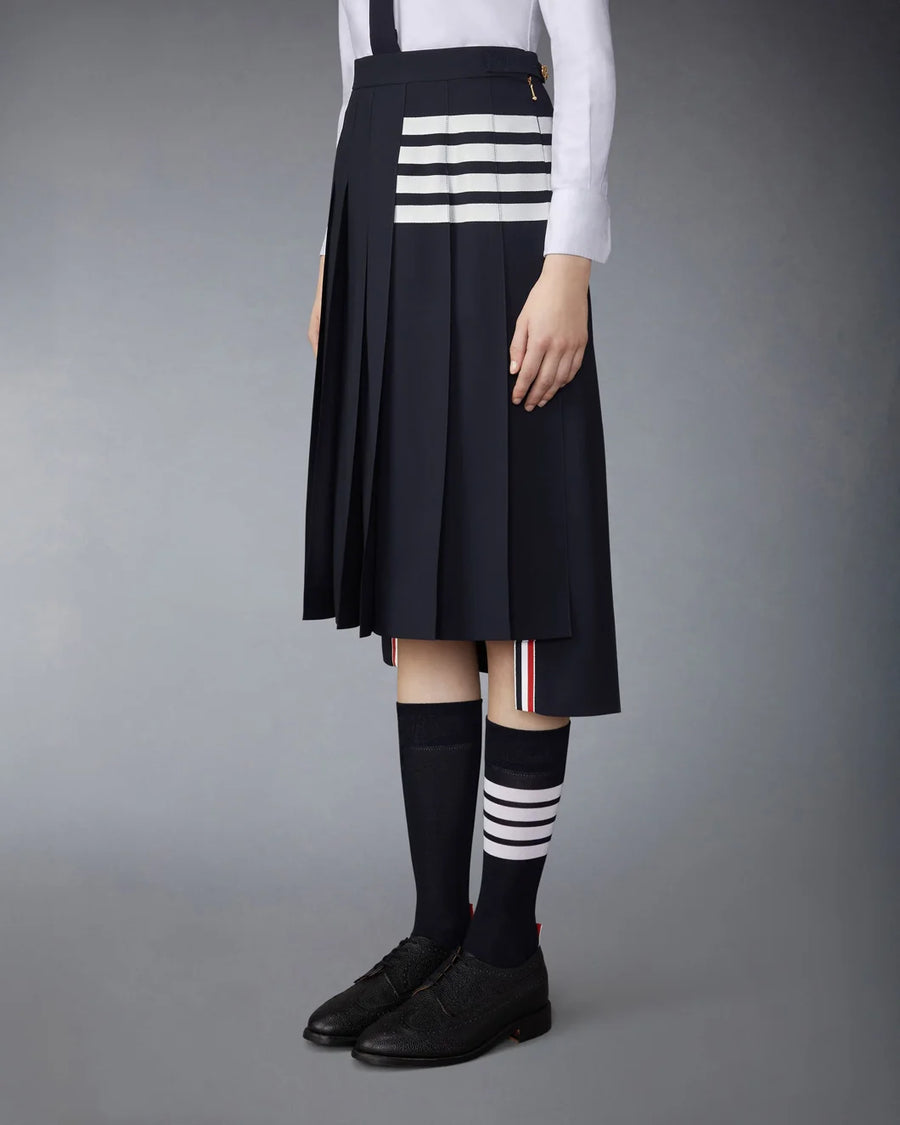 THOM BROWNE Below Knee Dropped Back Pleated Skirt Navy on figure side