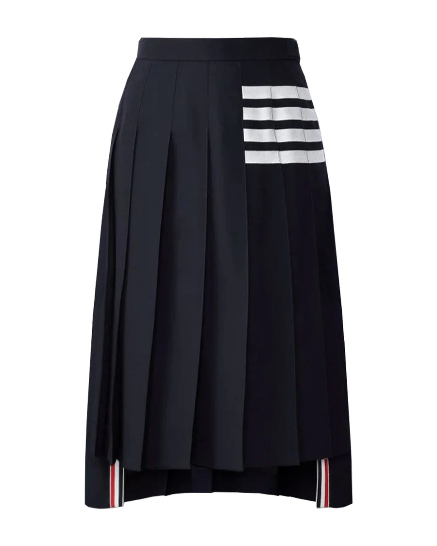 THOM BROWNE Below Knee Dropped Back Pleated Skirt Navy