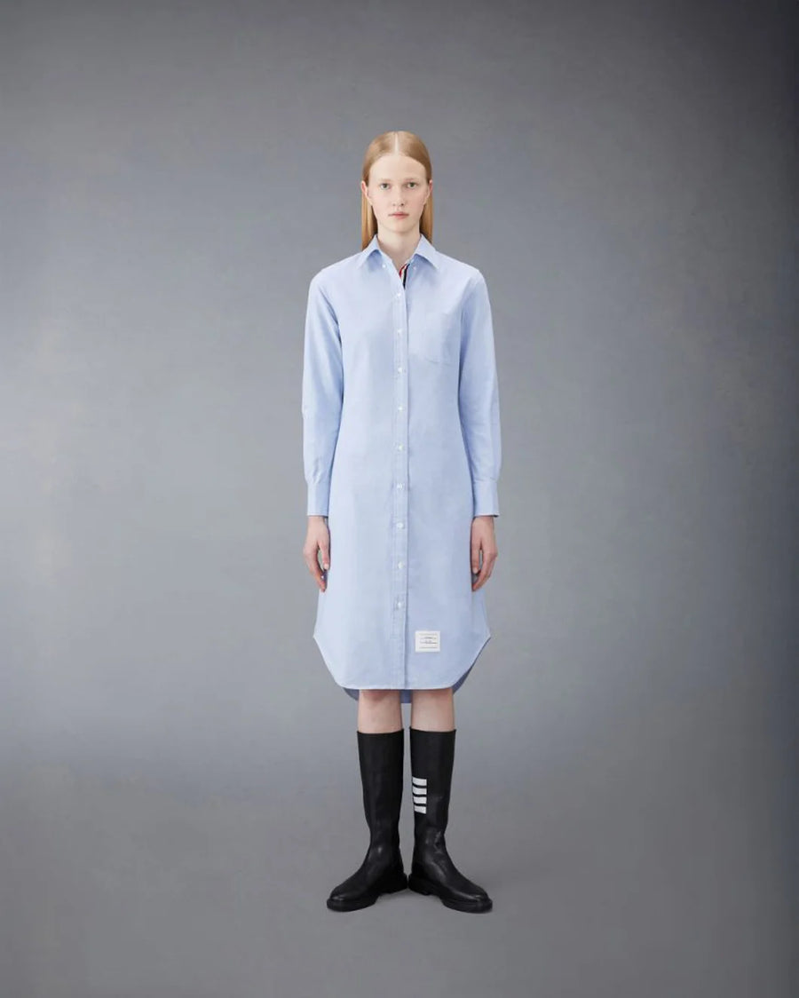 THOM BROWNE Knee Length Point Collar Shirtdress Light Blue on figure front