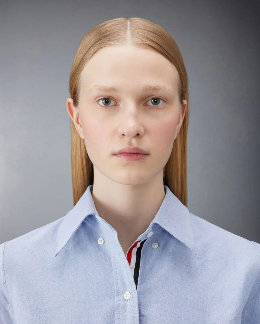 THOM BROWNE Knee Length Point Collar Shirtdress Light Blue on figure front detail