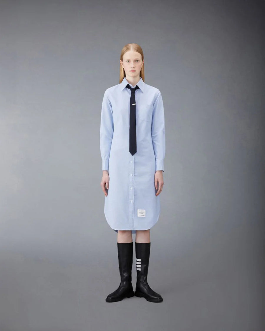 THOM BROWNE Knee Length Point Collar Shirtdress Light Blue on figure front