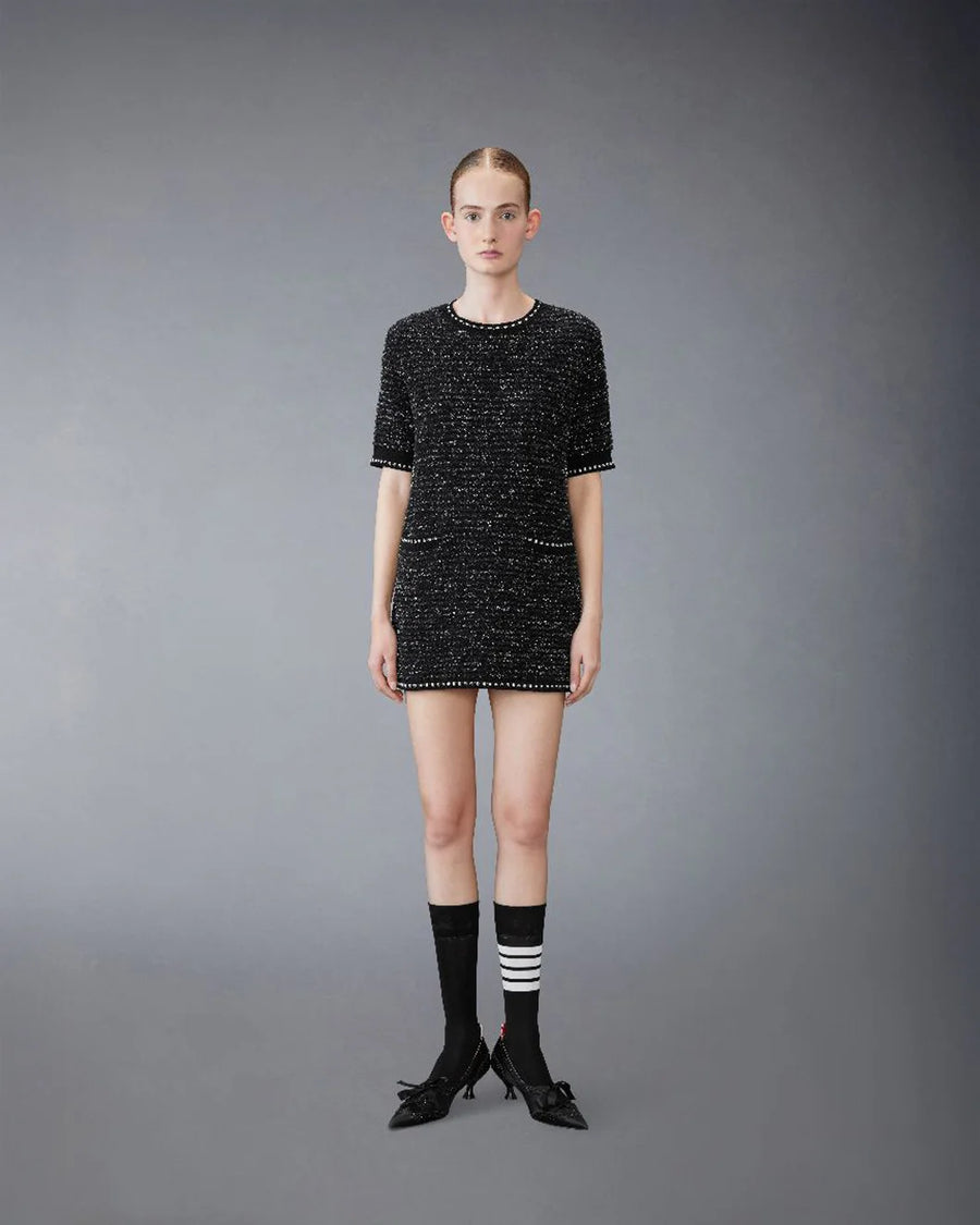 THOM BROWNE eyelast Tweed Jacquard Mini Dress black on figure front