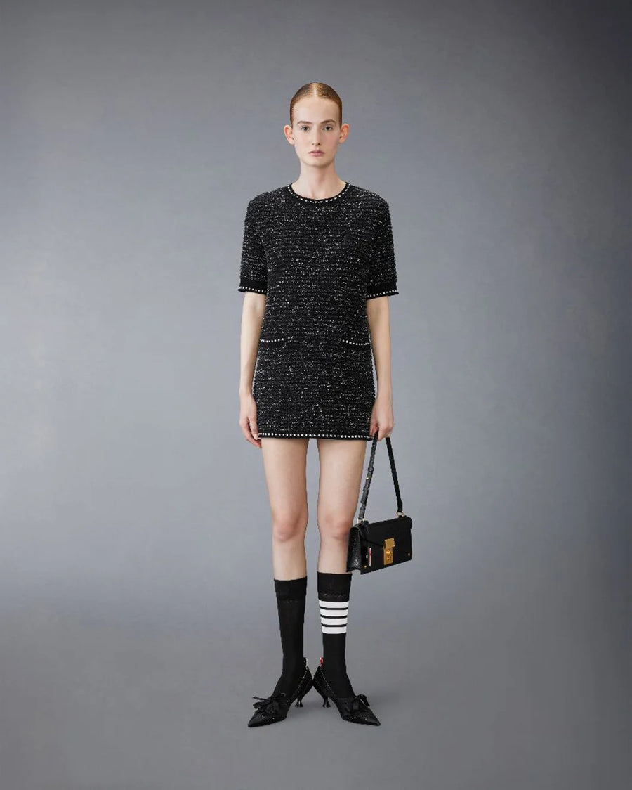 THOM BROWNE eyelast Tweed Jacquard Mini Dress black on figure front