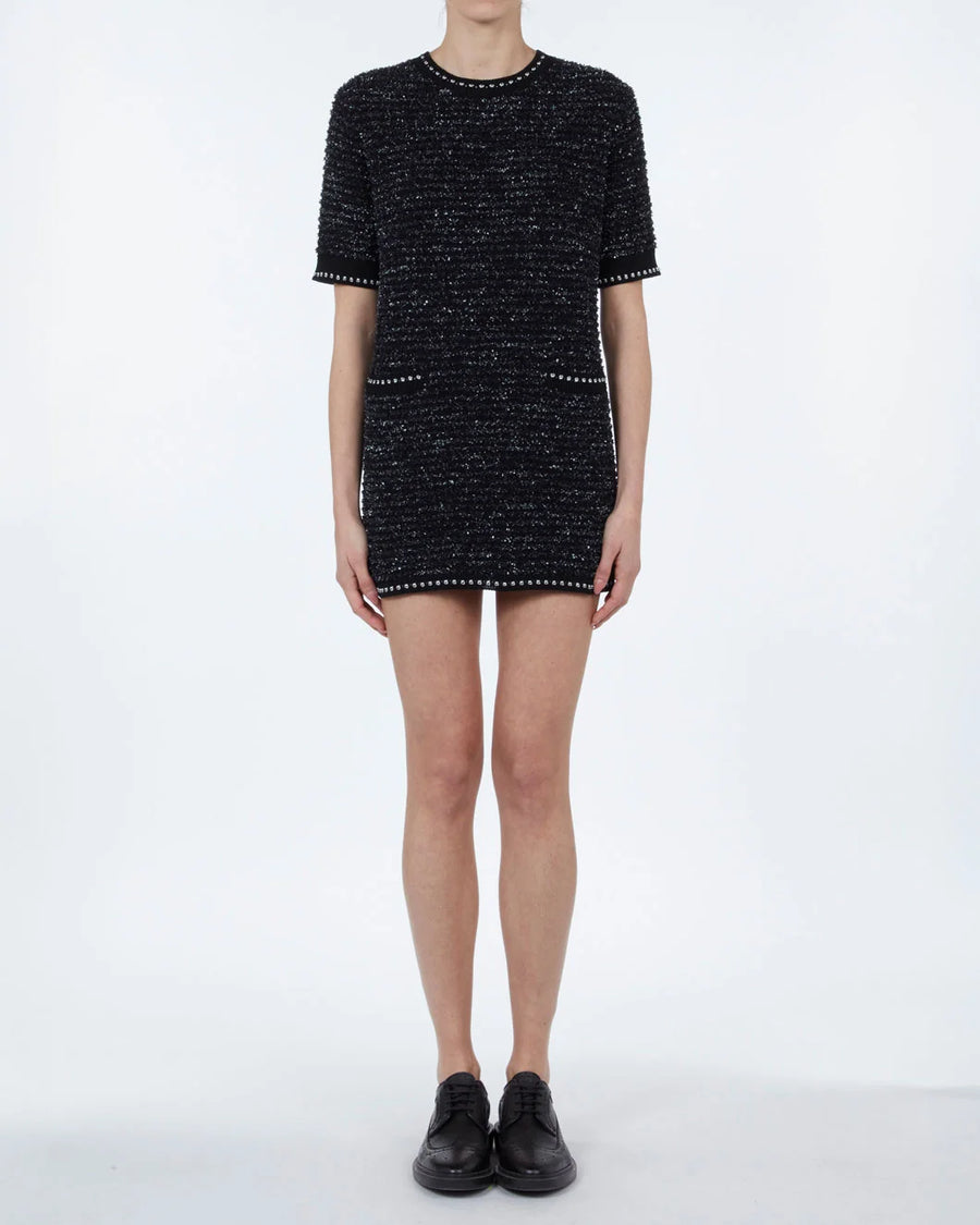 THOM BROWNE eyelash Tweed Jacquard Mini Dress black on figure front