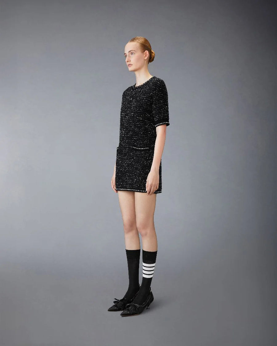 THOM BROWNE eyelast Tweed Jacquard Mini Dress black on figure side