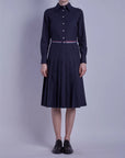 THOM BROWNE Knee Length Pleated Dress Navy on figure front