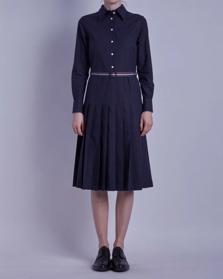 THOM BROWNE Knee Length Pleated Dress Navy on figure front