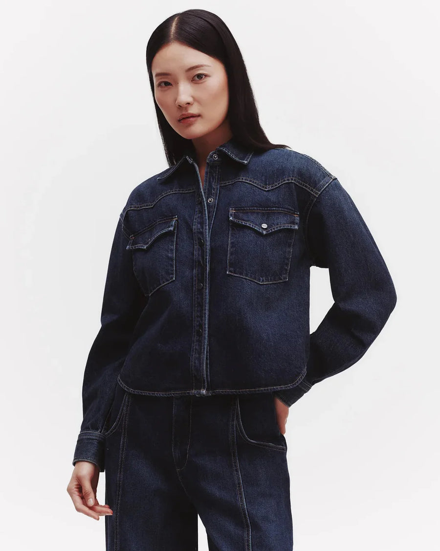 TWP OG cropped shirt denim dark wash on figure front