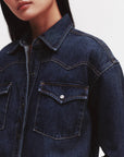 TWP OG cropped shirt denim dark wash on figure front detail