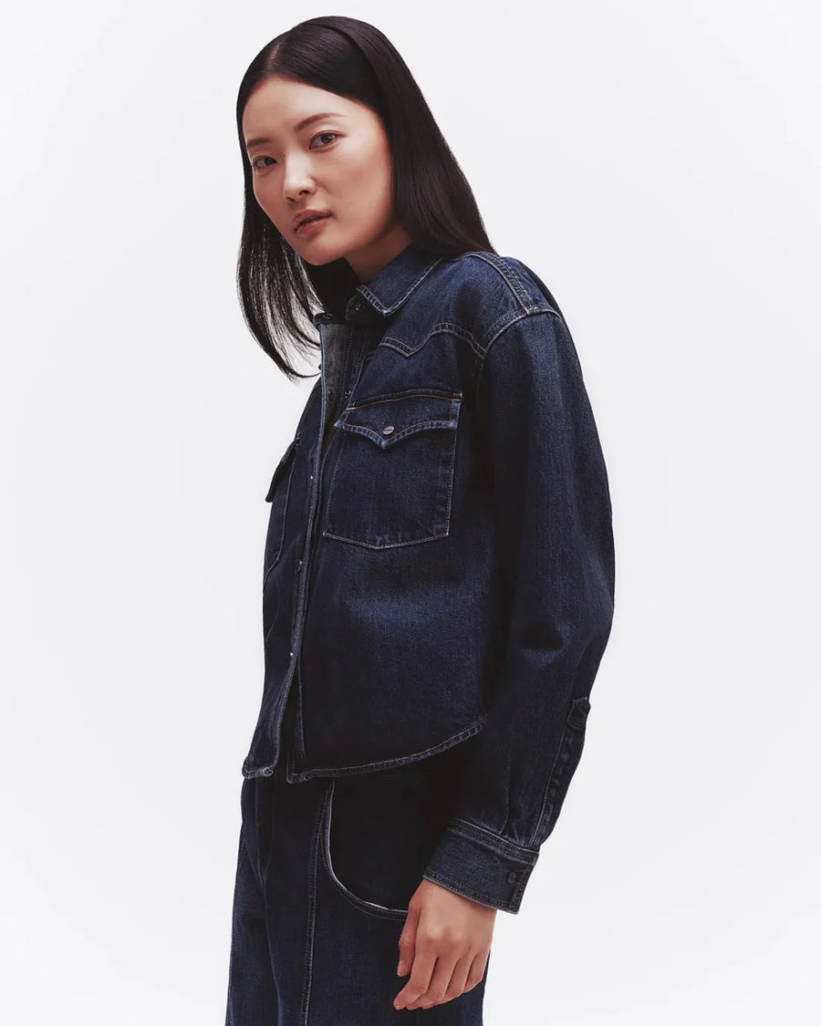 TWP OG cropped shirt denim dark wash on figure side