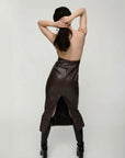 aaizel recycled vegan leather midi dress with open back brown figure back