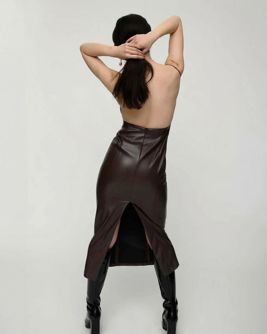 aaizel recycled vegan leather midi dress with open back brown figure back