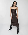 aaizel recycled vegan leather midi dress with open back brown figure front