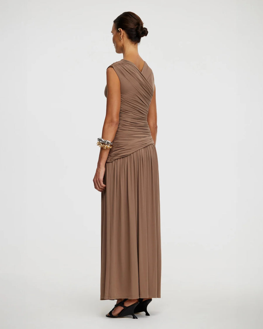 acler Atterly Maxi Dress sepia brown on figure back