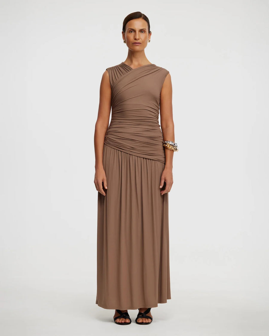 acler Atterly Maxi Dress sepia brown on figure front