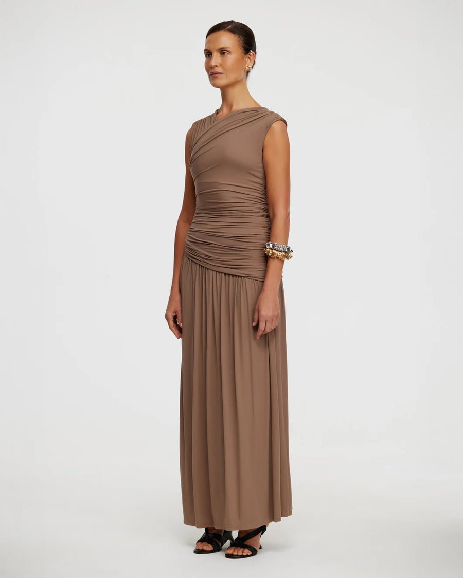 acler Atterly Maxi Dress sepia brown on figure side