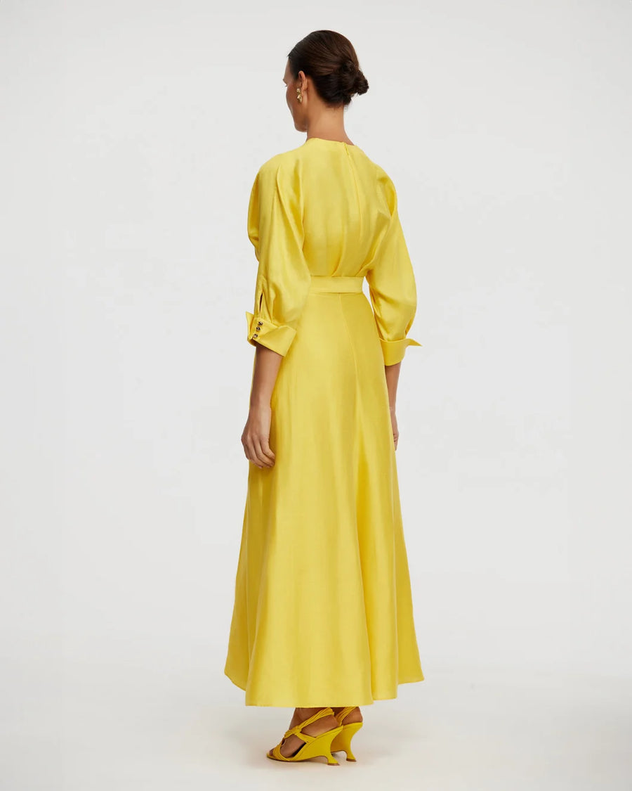 acler Newmore Midi Dress citrine yellow on figure back