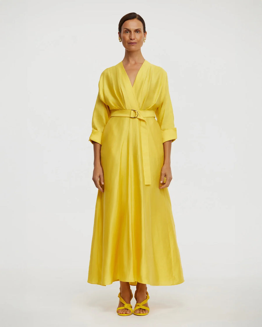 acler Newmore Midi Dress citrine yellow on figure front