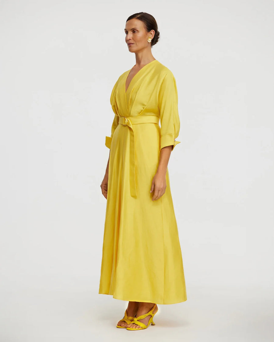 acler Newmore Midi Dress citrine yellow on figure side