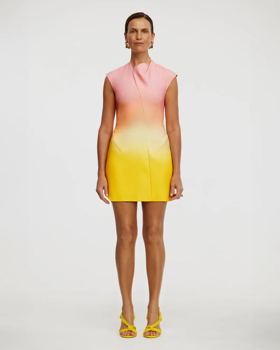 acler Warfield Mini Dress rising sun ombre pink and yellow on figure front