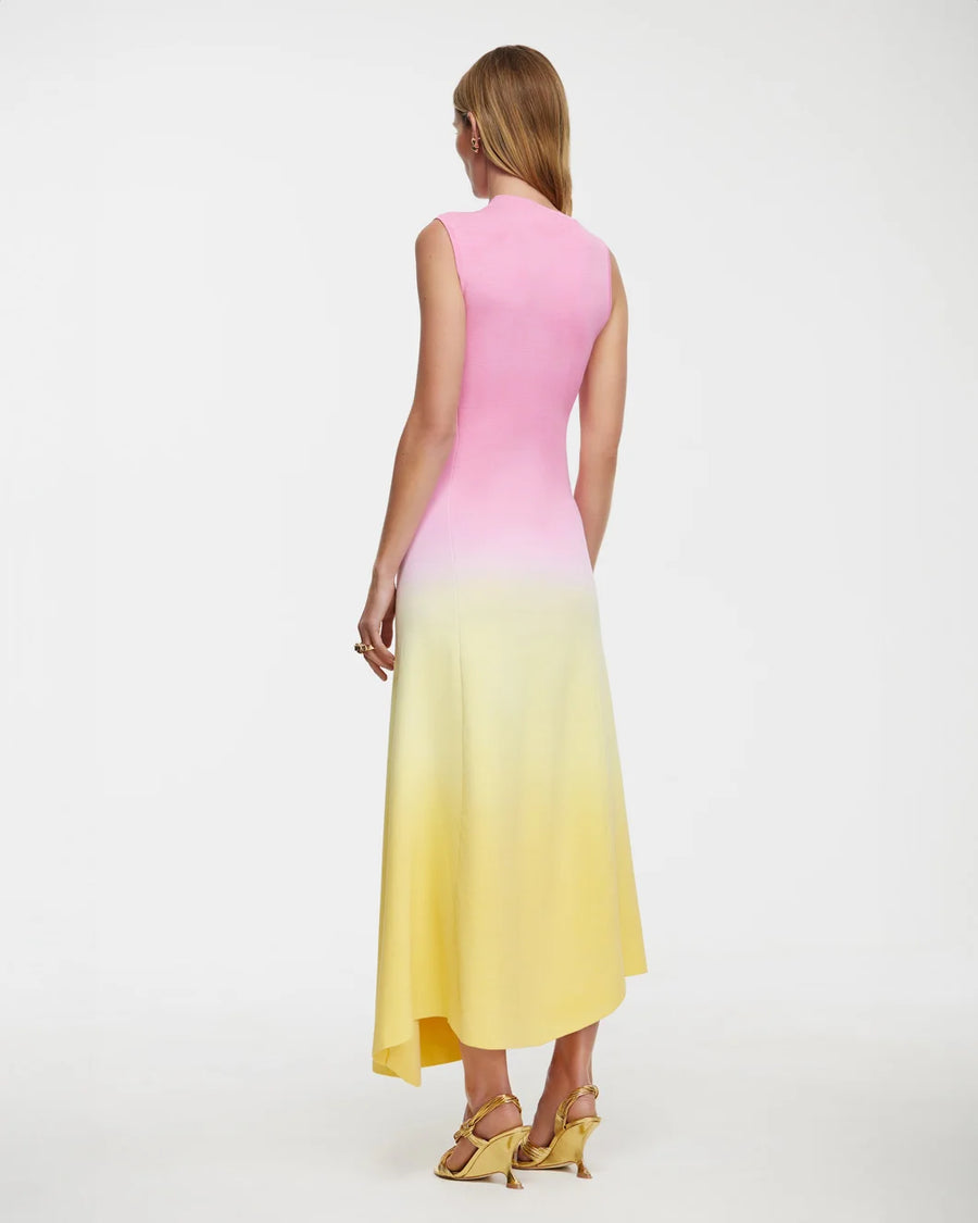 acler orkney midi dress rising sun ombre pink and yellow on figure back