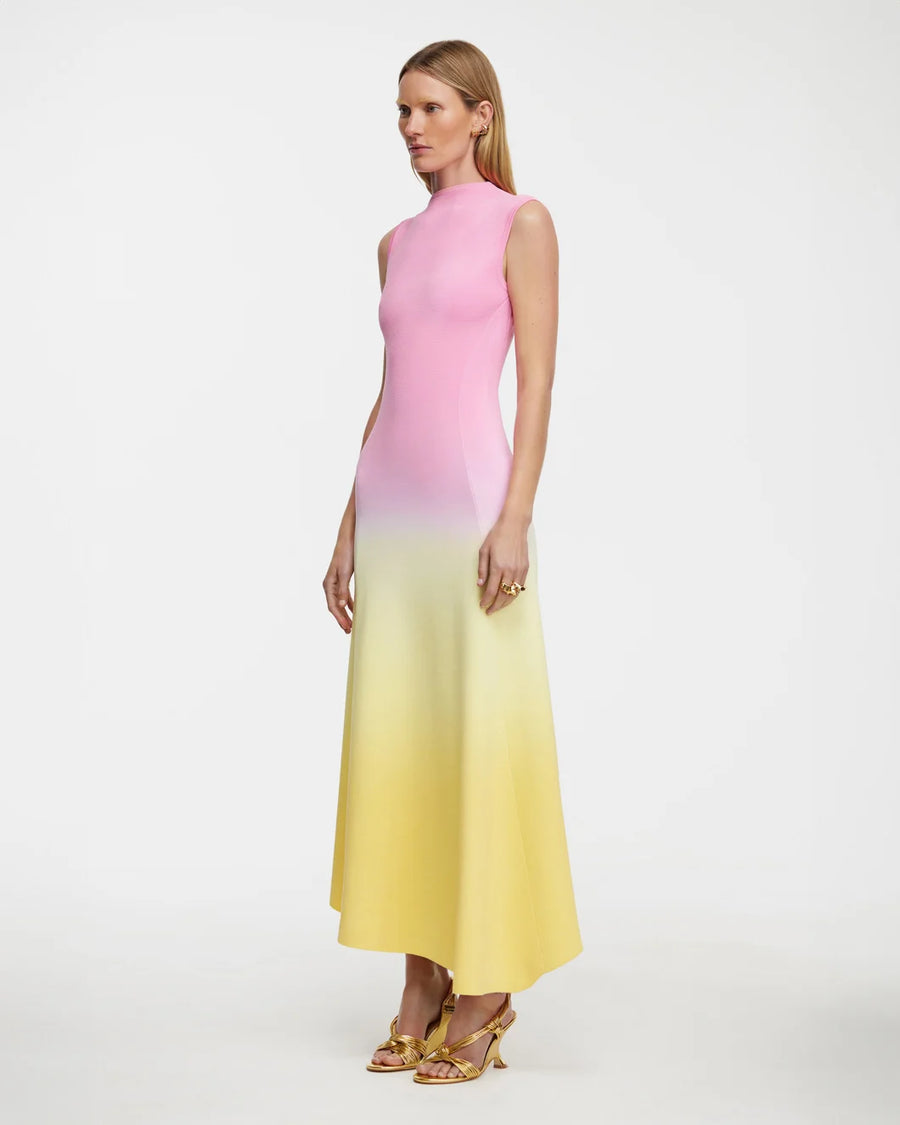 acler orkney midi dress rising sun ombre pink and yellow on figure side