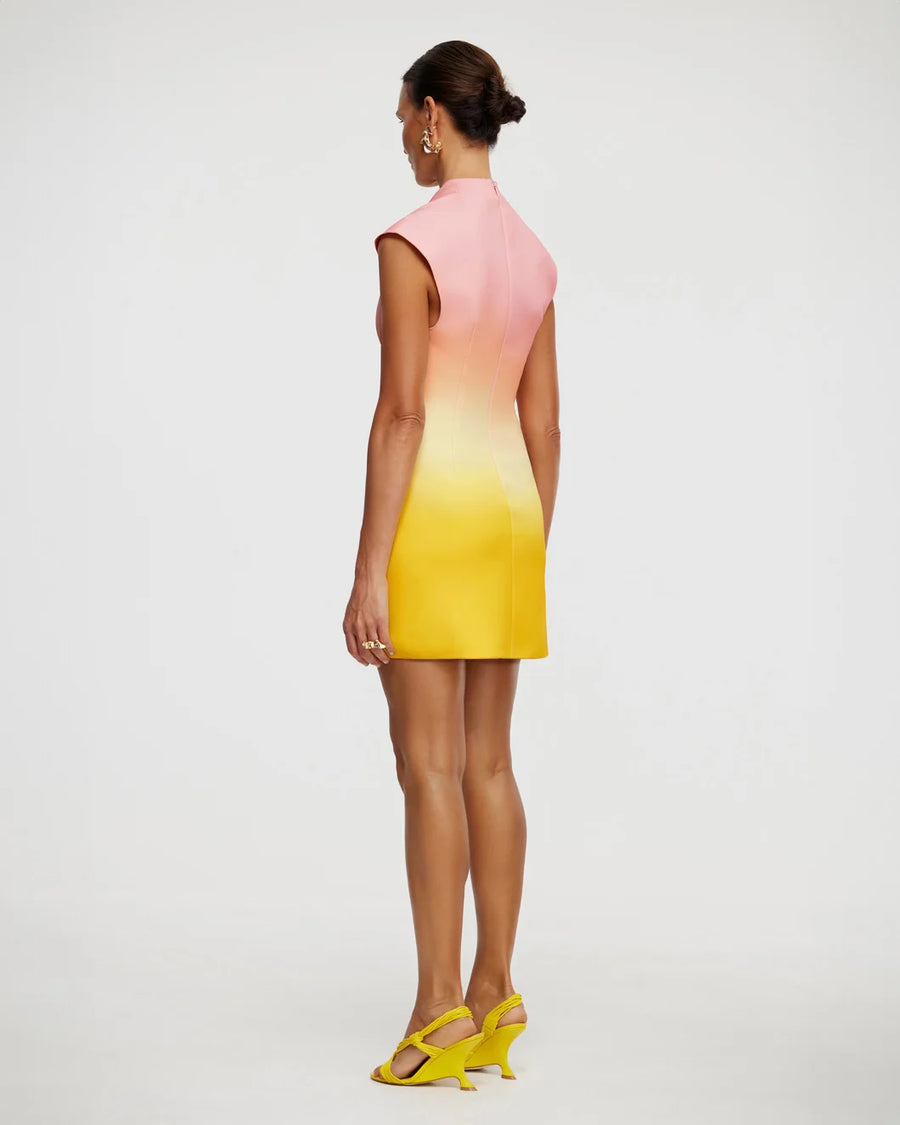 acler Warfield Mini Dress rising sun ombre pink and yellow on figure back