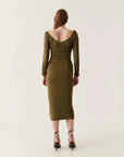 aje Cini Gathered Midi Dress khaki green on figure back