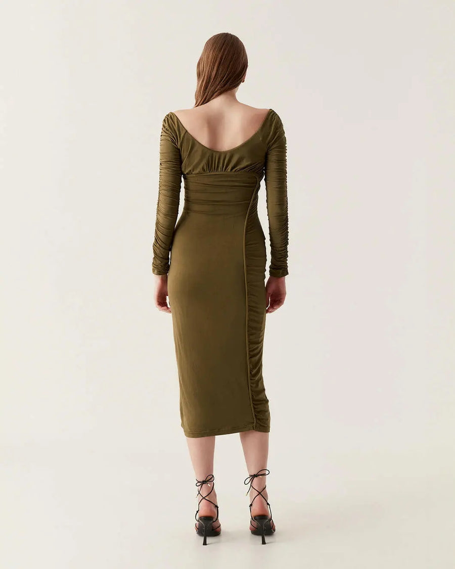 aje Cini Gathered Midi Dress khaki green on figure back