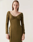 aje Cini Gathered Midi Dress khaki green on figure front