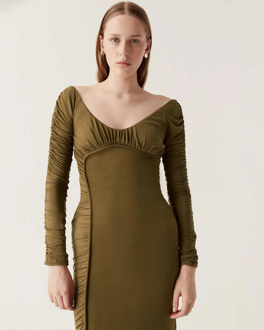 aje Cini Gathered Midi Dress khaki green on figure front