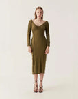 aje Cini Gathered Midi Dress khaki green on figure front