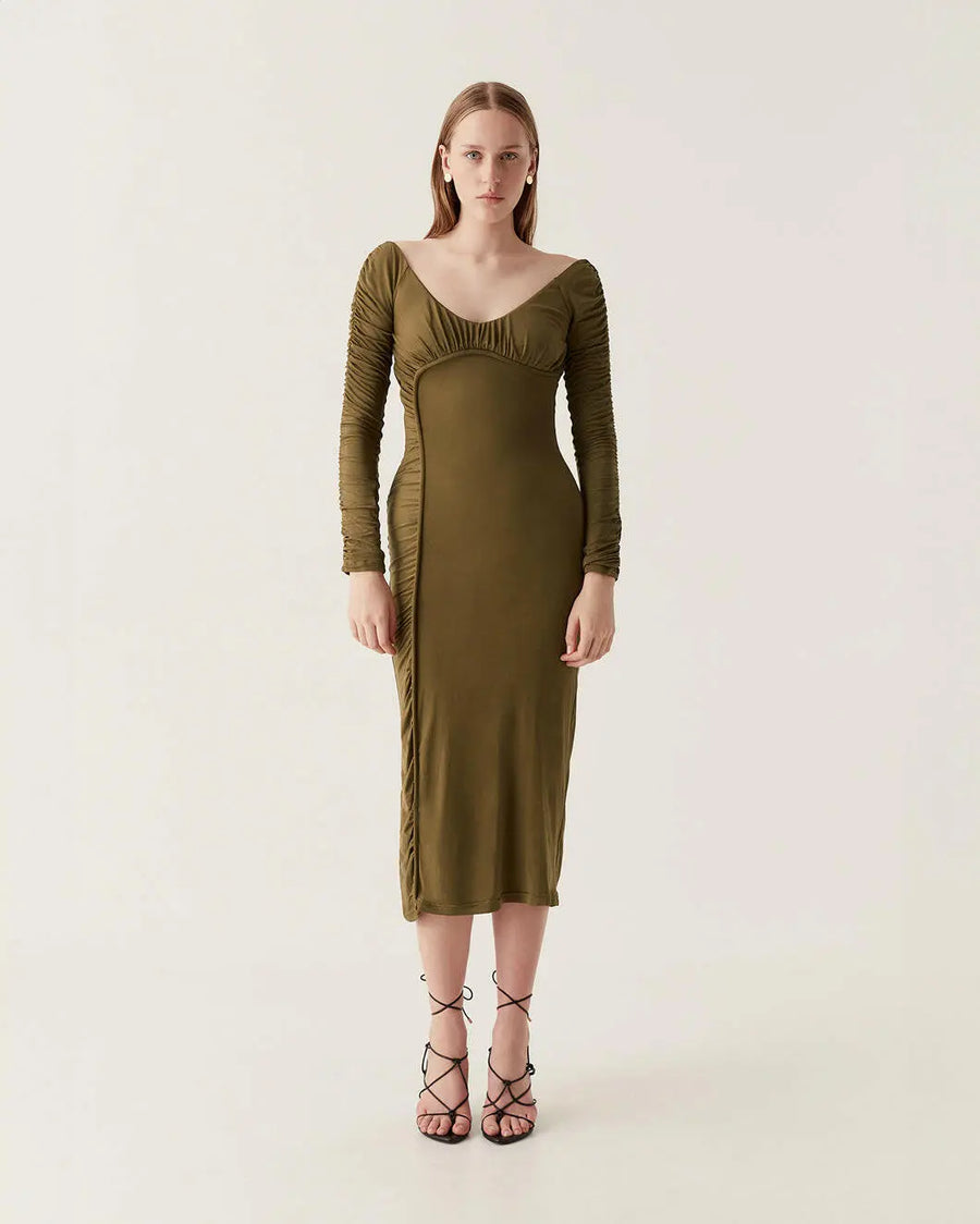 aje Cini Gathered Midi Dress khaki green on figure front